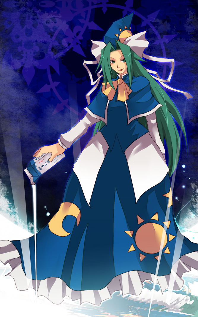 1girl, ascot, blue_dress, dress, emon-yu, female_focus, gradient_background, green_eyes