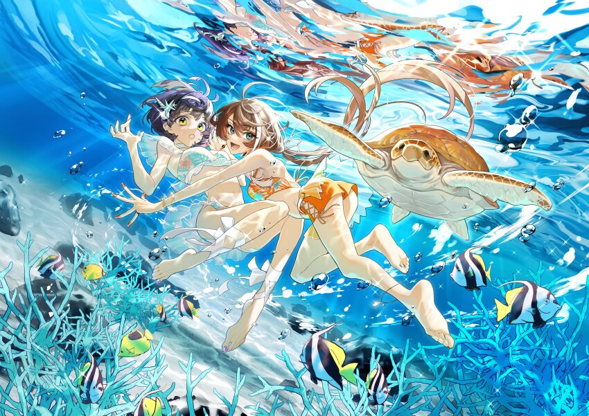 2girls, absurdres, aru_(sinsekai), asu_(sinsekai), barefoot, bikini, brown_hair, coral