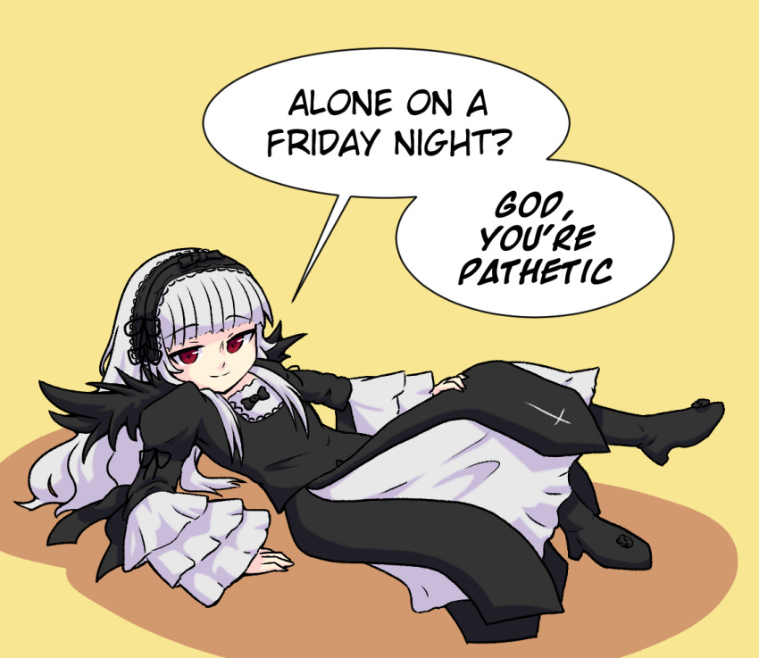 1girl, alone_on_a_friday_night?_(meme), black_boots, black_dress, black_hairband, black_wings, blunt_bangs, boots