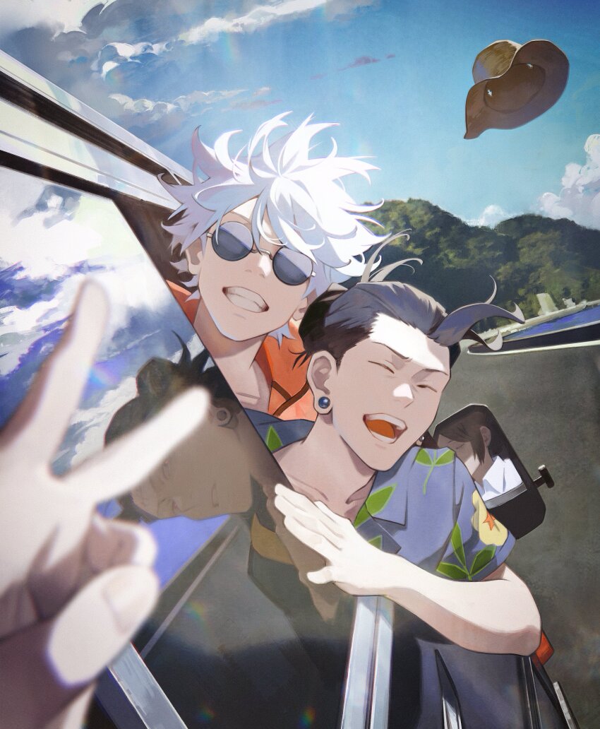 1girl, 2boys, absurdres, black_car, black_hair, blue_shirt, car, clenched_teeth