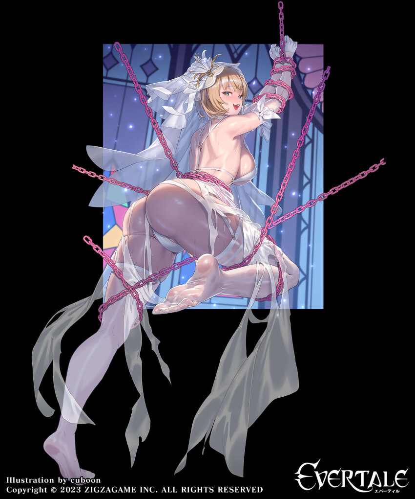 1girl, ass, bare_shoulders, blonde_hair, blue_eyes, blush, bound, breasts, chain, chained, character_request, commentary_request, copyright_name, cuboon, elbow_gloves, evertale, feet, from_behind, full_body, gloves, highres, lancelot_(evertale), large_breasts, looking_at_viewer, looking_back, official_art, open_mouth, panties, restrained, short_hair, smile, soles, solo, thighhighs, thighs, underwear, white_gloves, white_headwear, white_panties, white_thighhighs