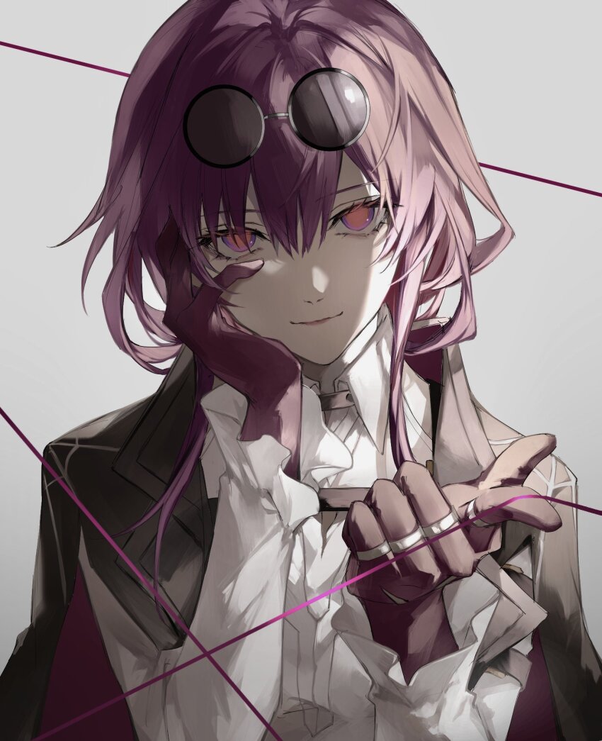 1girl, black_jacket, chest_harness, closed_mouth, collared_shirt, dappled_sunlight, eyewear_on_head, gloves