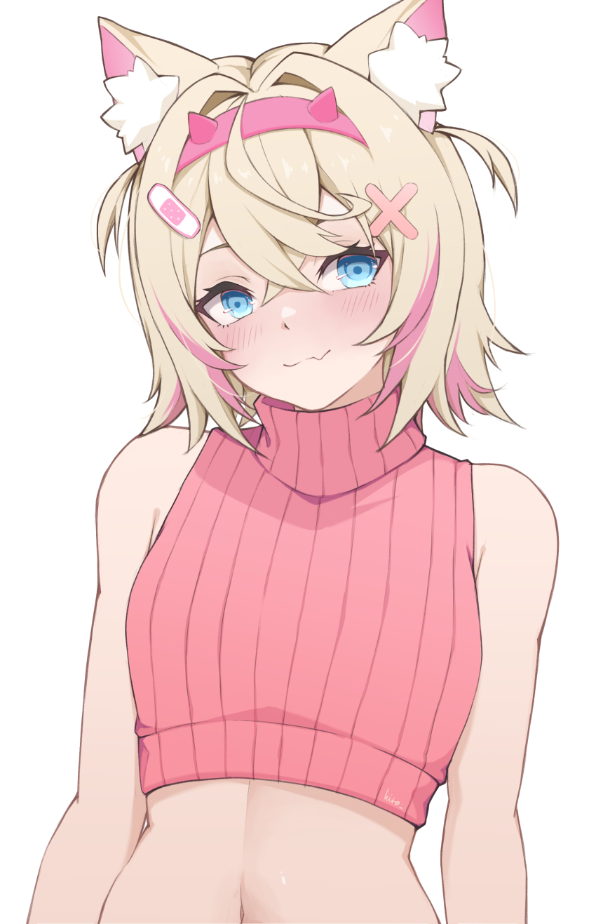 1girl, absurdres, animal_ear_fluff, animal_ears, bandaid, bandaid_hair_ornament, bare_shoulders, blonde_hair, blue_eyes, breasts, crossed_bangs, dog_ears, dog_girl, double-parted_bangs, fake_horns, fang, hair_between_eyes, hair_intakes, hair_ornament, hairband, highres, hitozche, hololive, hololive_english, horns, mococo_abyssgard, multicolored_hair, navel, pink_hair, pink_hairband, short_hair, skin_fang, small_breasts, solo, streaked_hair, two_side_up, upper_body, virtual_youtuber, white_background, x_hair_ornament