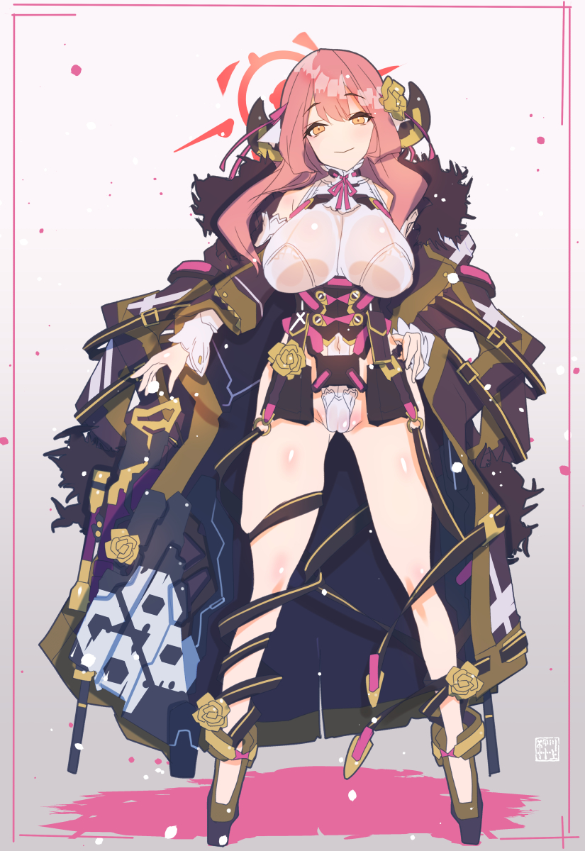 1girl, aru_(blue_archive), blue_archive, breasts, coat, gun, hair_ornament, halo