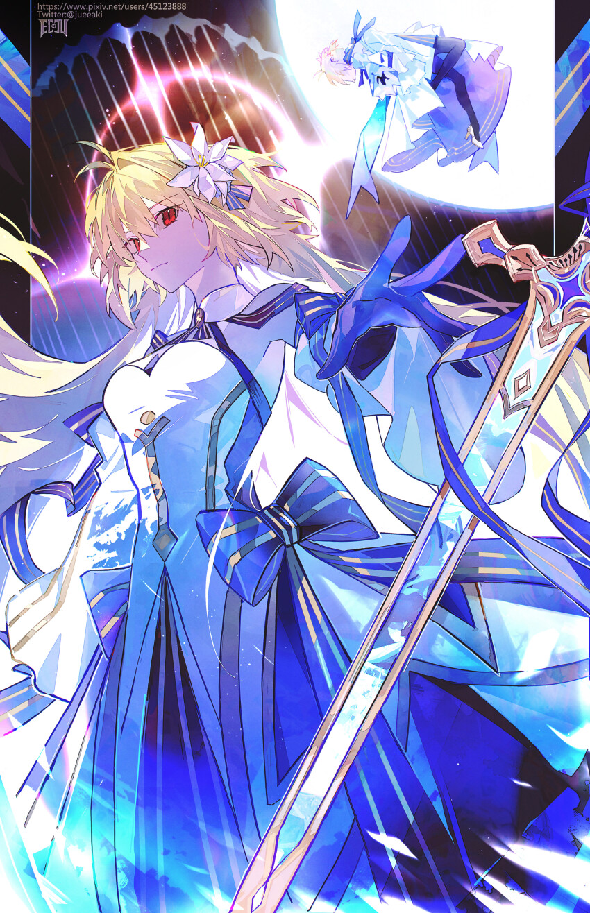 2girls, absurdres, archetype_earth, archetype_earth_(third_ascension), arcueid_brunestud, arcueid_brunestud_(mooncancer), bare_shoulders, black_gloves, black_pantyhose, blonde_hair, blue_gloves, blue_skirt, breasts, detached_collar, detached_sleeves, dress, dual_persona, eeju, fate/grand_order, fate_(series), flower, full_moon, gloves, hair_flower, hair_ornament, halo, highres, large_breasts, long_hair, long_skirt, looking_at_viewer, moon, multicolored_skirt, multiple_girls, pantyhose, red_eyes, short_hair, skirt, sword, tsukihime, very_long_hair, weapon, white_dress, white_skirt