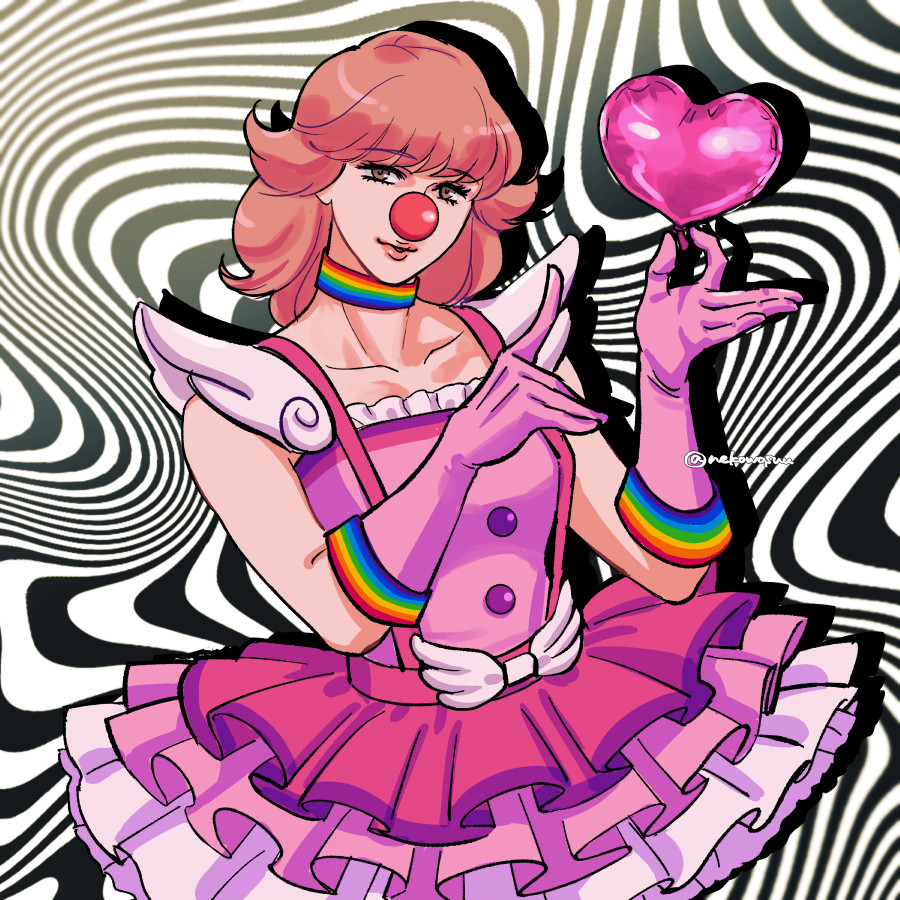 1girl, abstract_background, ace_attorney, balloon, brown_eyes, buttons, clown_nose, cowboy_shot, elbow_gloves, frilled_shirt, frilled_skirt, frills, geiru_toneido, gloves, hands_up, heart, holding, holding_balloon, holding_heart, looking_at_viewer, medium_hair, miniskirt, multicolored_choker, nekowosuu, parted_lips, pink_gloves, pink_hair, pink_shirt, pink_skirt, rainbow_choker, red_nose, shirt, skirt, solo, strapless, strapless_shirt, suspender_skirt, suspenders, twitter_username