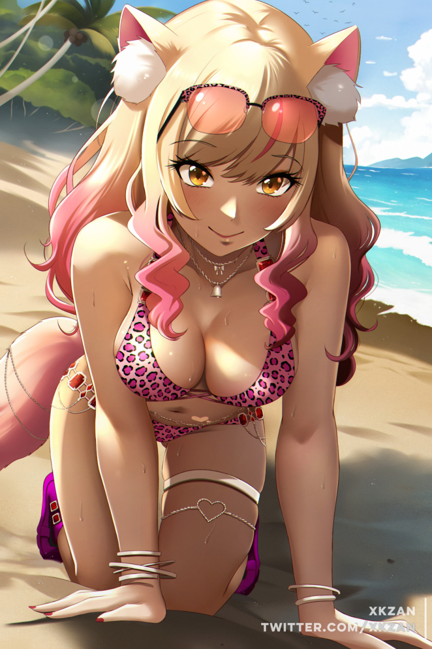 1girl, agejo_gyaru, animal_ears, animal_print, bare_shoulders, beach, belly_chain, bikini, blue_sky, blush, bracelet, breasts, cleavage, cloud, collarbone, commentary_request, dark_skin, day, eyewear_on_head, fate/grand_order, fate_(series), fingernails, fox_ears, fox_girl, fox_tail, gluteal_fold, gradient_hair, gyaru, heart_tan, highres, jewelry, kneeling, large_breasts, leopard_print, leopard_print_bikini, light_brown_hair, looking_at_viewer, multicolored_hair, nail_polish, navel, necklace, ocean, outdoors, palm_tree, pink_bikini, pink_hair, print_bikini, purple_footwear, red_nails, sky, smile, solo, sunglasses, suzuka_gozen_(fate), suzuka_gozen_(swimsuit_rider)_(fate), suzuka_gozen_(swimsuit_rider)_(second_ascension)_(fate), sweat, swimsuit, tail, tan, tan_tattoo, thighlet, tree, twitter_username, xkzan
