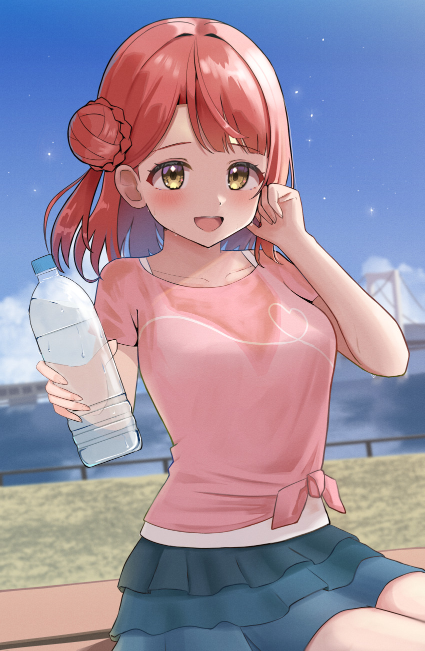 1girl, absurdres, blush, bottle, braid, braided_bun, bun_with_braided_base, hair_bun