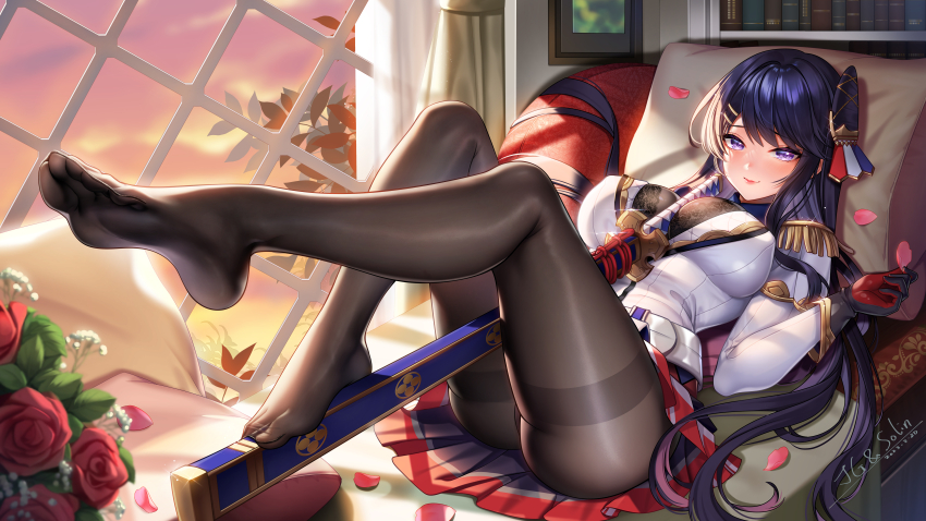 1girl, absurdres, artist_name, ass, between_breasts, black_gloves, black_hair, black_pantyhose, blush, bookshelf, breasts, epaulettes, feet, flower, foot_focus, gloves, highres, indoors, jacket, jg&amp;solin, katana, kurokami_tsukuyo, large_breasts, legs, light_smile, long_hair, looking_at_viewer, lying, millennium_tour, miniskirt, no_shoes, on_back, pantyhose, petals, pillow, purple_eyes, red_flower, red_rose, red_skirt, rose, rose_petals, signature, skirt, smile, soles, sword, thighband_pantyhose, toes, twilight, weapon, white_jacket, window