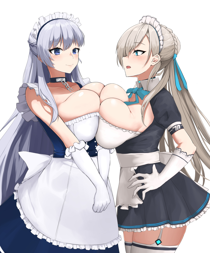 2girls, absurdres, apron, asuna_(blue_archive), azur_lane, belfast_(azur_lane), black_choker, blue_archive, blue_eyes, braid, breast_cutouts, breast_press, breasts, broken, broken_chain, bun_with_braided_base, chain, choker, cleavage, crossover, framed_breasts, frilled_apron, frilled_hairband, frills, garter_straps, gloves, hair_bun, hairband, half_up_braid, hand_on_own_hip, highres, huge_breasts, light_brown_hair, light_purple_hair, long_hair, maid_headdress, multiple_girls, ojisan_f, purple_eyes, short_sleeves, simple_background, symmetrical_docking, thighhighs, v_arms, very_long_hair, waist_apron, white_apron, white_background, white_garter_straps, white_gloves, white_thighhighs, zettai_ryouiki