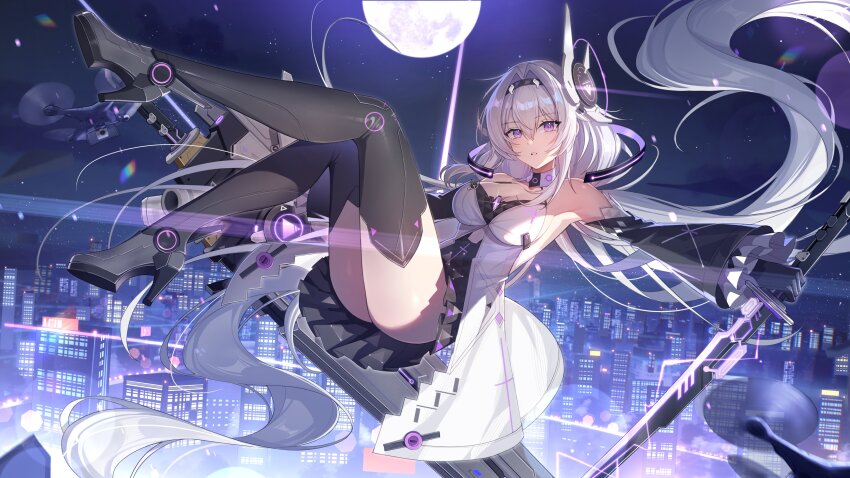 1girl, absurdres, alicia_(anchor_panic), anchor_panic, bare_shoulders, black_gloves, black_skirt, boots, breasts, city, city_lights, cleavage, commentary, copyright_request, detached_sleeves, dress, floating, full_moon, gloves, high_heels, highres, holding, holding_weapon, large_breasts, long_hair, looking_at_viewer, moon, moonlight, night, outdoors, parted_lips, purple_eyes, sidelocks, skirt, sky, sleeves_past_wrists, solo, star_(sky), starry_sky, untranslatable_commentary, thigh_boots, thighs, very_long_hair, weapon, white_dress, white_hair, yolanda