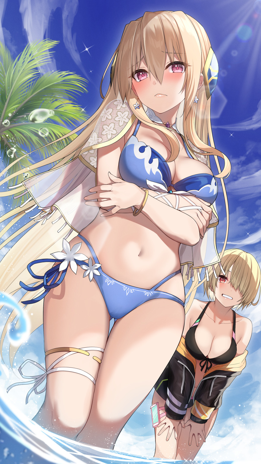 2girls, absurdres, bikini, black_bikini, black_jacket, blonde_hair, blue_bikini, blue_sky