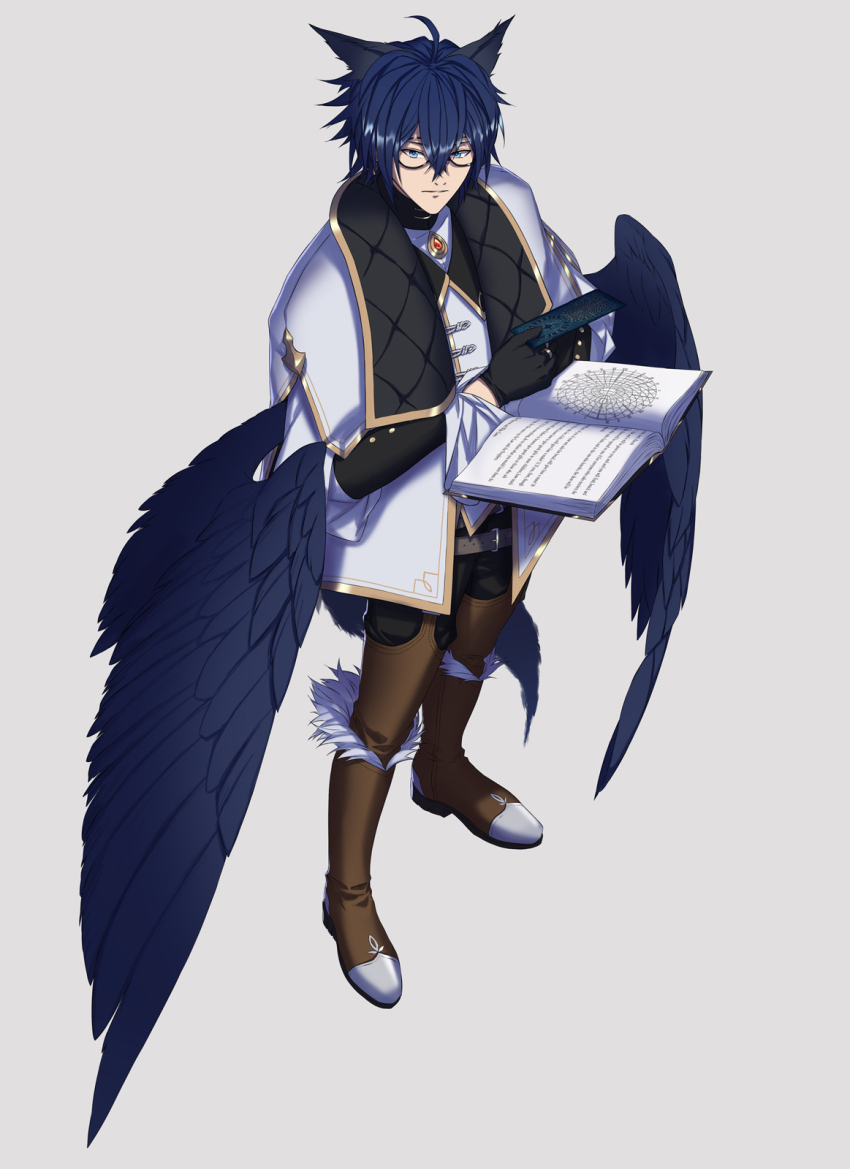1boy, belt, black_gloves, blue_eyes, blue_hair, blue_wings, book, boots