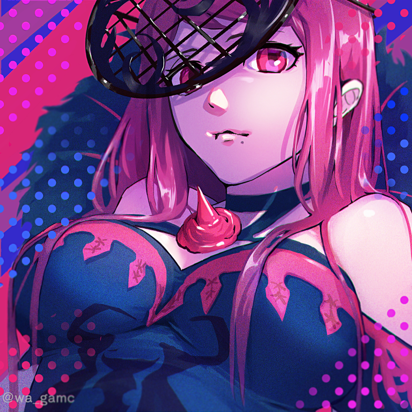 1girl, absurdres, bare_shoulders, blue_background, blue_dress, breasts, closed_mouth, commentary_request