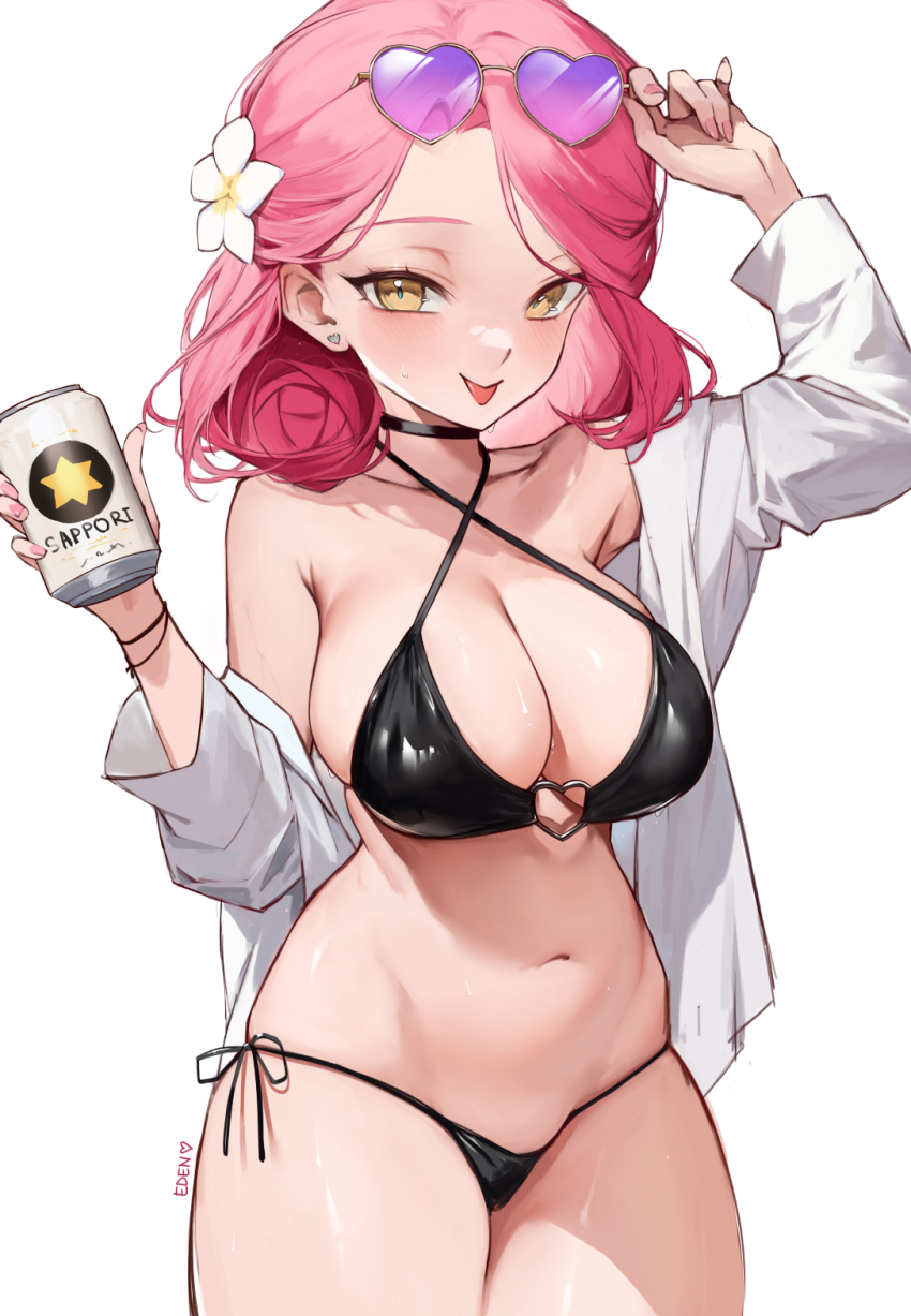 1girl, :p, adjusting_eyewear, artist_name, beer_can, bikini, black_bikini, black_choker