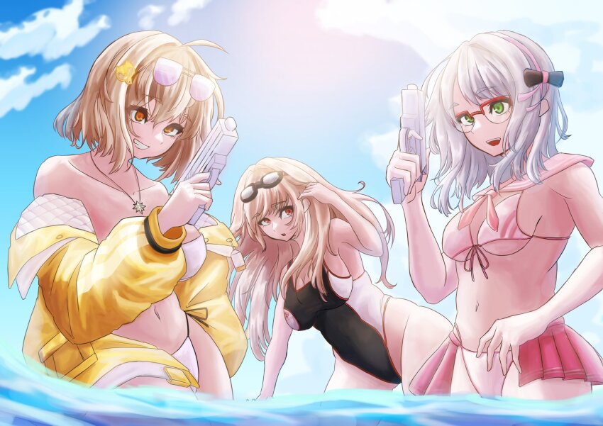 3girls, :d, :o, ahoge, anis_(nikke), anis_(sparkling_summer)_(nikke), bare_shoulders, bikini