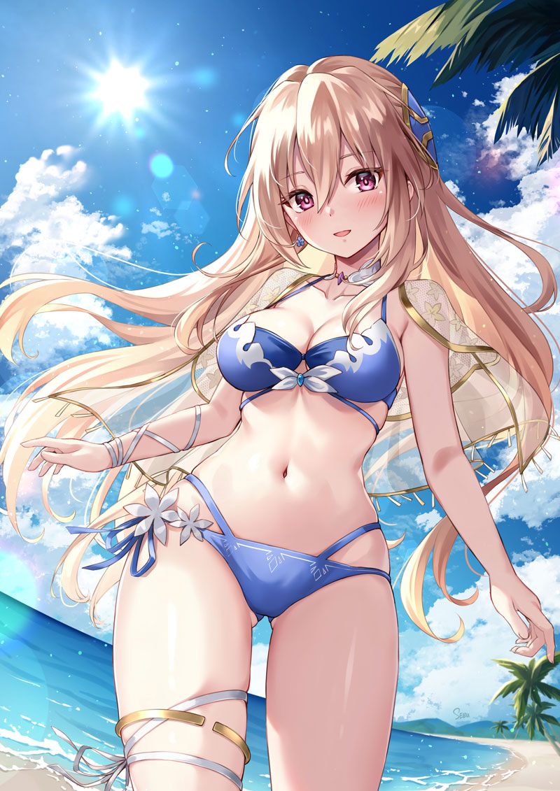 1girl, :d, beach, bikini, blonde_hair, blue_bikini, blue_sky, blush, breasts, capelet, cleavage, cloud, commentary_request, cowboy_shot, day, earrings, floating_hair, flower, flower_earrings, front-tie_bikini_top, front-tie_top, gold_trim, hair_between_eyes, heaven_burns_red, horizon, jewelry, leg_ribbon, lens_flare, long_hair, looking_at_viewer, medium_breasts, mountain, multi-strapped_bikini, navel, ocean, open_mouth, outdoors, palm_tree, pink_eyes, ribbon, sebu_illust, see-through_clothes, shirakawa_yuina, shirakawa_yuina_(midsummer_gendarmerie), shore, side-tie_bikini_bottom, sky, smile, solo, standing, stomach, sun, swimsuit, tree, very_long_hair, water, white_flower, white_ribbon
