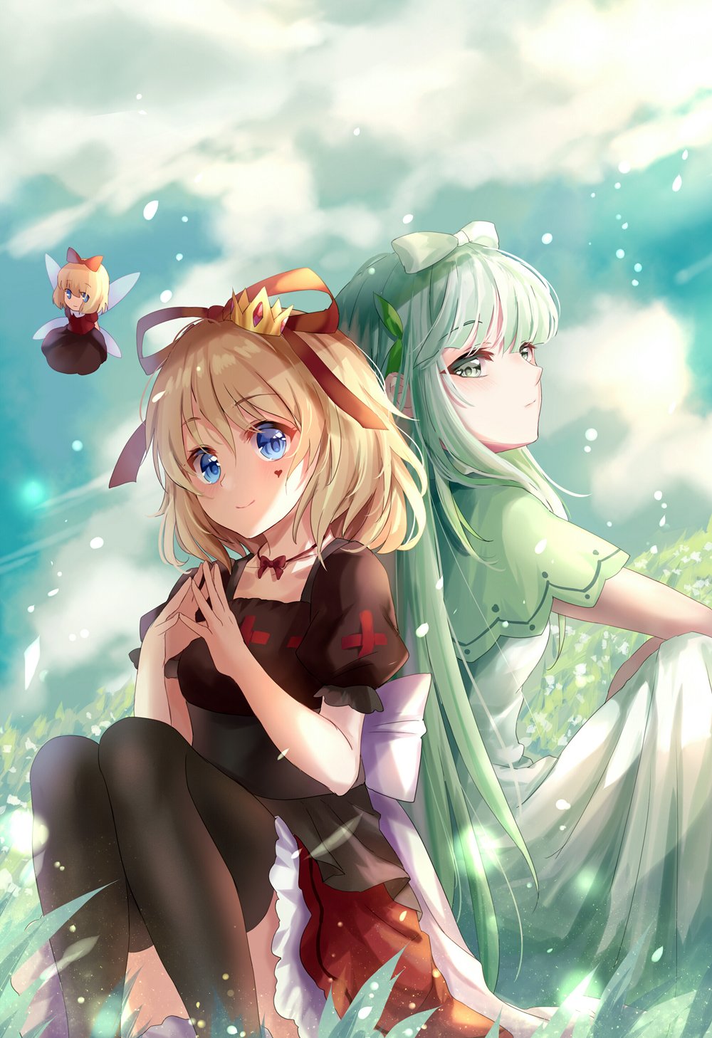 3girls, akinomiya_asuka, alternate_costume, black_thighhighs, blonde_hair, blue_eyes, bow, breasts