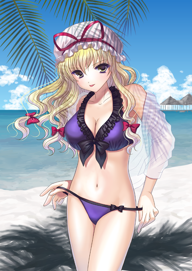 1girl, :p, alha, beach, bikini, blonde_hair, bow, breasts