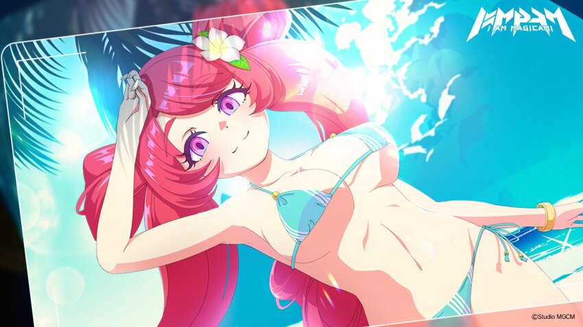 1girl, arm_up, artist_request, beach, bikini, breasts, collarbone, flower