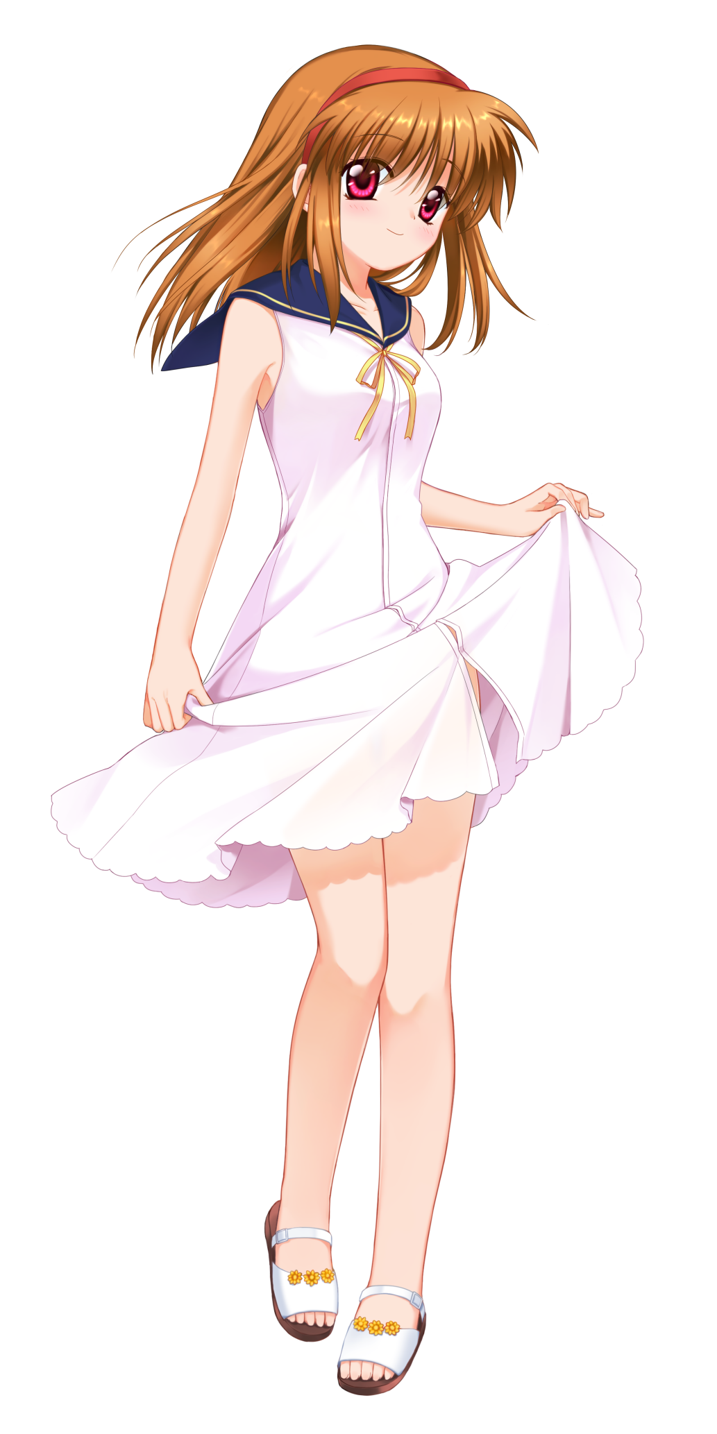 1girl, bare_arms, blue_sailor_collar, blush, breasts, brown_hair, closed_mouth, clothes_lift, commentary_request, company_connection, cosplay, dress, dress_lift, eyes_visible_through_hair, full_body, hair_between_eyes, hair_over_shoulder, hairband, highres, kanon, katou_umi, katou_umi_(cosplay), key_(company), lifting_own_clothes, looking_at_viewer, medium_hair, otou_(otou_san), red_eyes, red_hairband, ribbon, sailor_collar, sandals, short_dress, shy, simple_background, sleeveless, sleeveless_dress, small_breasts, smile, solo, standing, summer_pockets, transparent_background, tsukimiya_ayu, wavy_mouth, white_background, white_dress, white_sandals, wind, wind_lift, yellow_ribbon