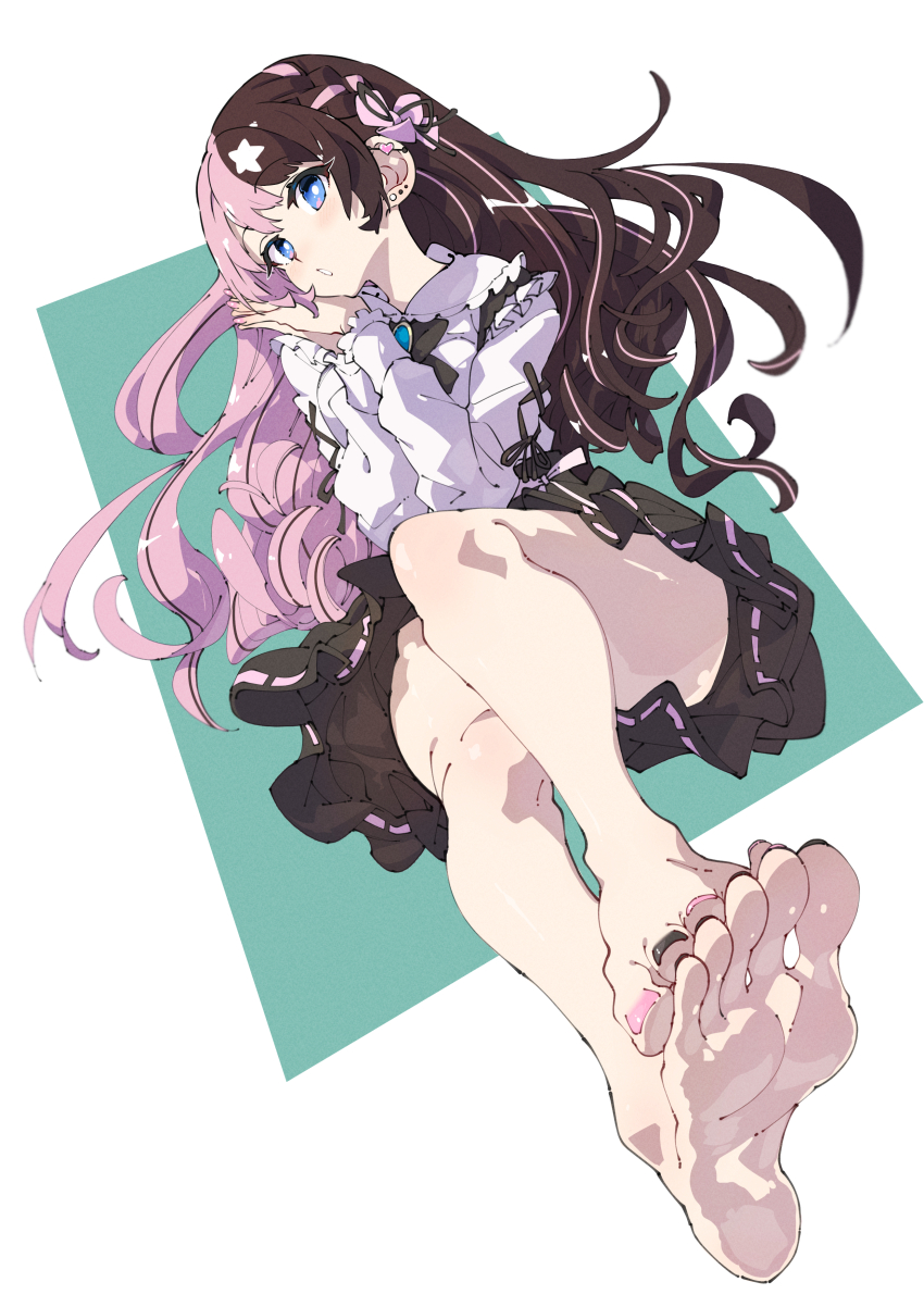 1girl, absurdres, bare_legs, barefoot, black_bow, black_bowtie, black_nails, black_skirt, blue_eyes, blush, bow, bowtie, brown_hair, commission, convenient_leg, ear_piercing, earrings, feet, foot_focus, foreshortening, frilled_shirt, frills, full_body, hair_between_eyes, hair_bow, hands_up, highres, jewelry, legs, long_hair, long_sleeves, looking_at_viewer, miniskirt, multicolored_hair, nail_polish, open_mouth, own_hands_together, piercing, pink_bow, pink_hair, pink_nails, pixiv_commission, pleated_skirt, puffy_long_sleeves, puffy_sleeves, ribbon_trim, shadow, shirt, sidelocks, sitting, skirt, soles, solo, streaked_hair, stud_earrings, tachibana_hinano_(1st_costume), tachibana_hinano, thighs, toenail_polish, toenails, toes, two-tone_hair, ushiki_yoshitaka, virtual_youtuber, vspo!, white_shirt