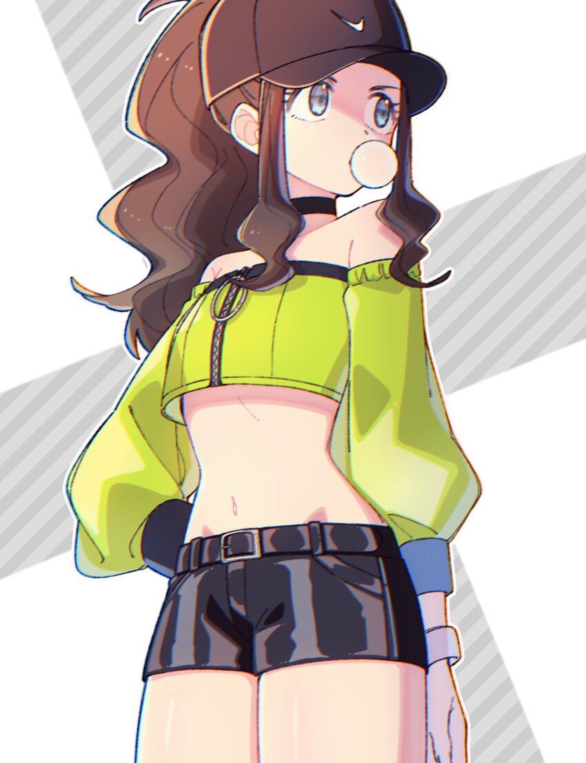 1girl, alternate_costume, belt, black_belt, black_choker, black_shorts, blowing_bubble_gum, blowing_bubbles, bracelet, brown_hair, brown_hat, chewing_gum, choker, commentary_request, eyelashes, green_jacket, grey_eyes, hand_on_own_hip, hat, highres, hilda_(pokemon), jacket, jewelry, kanro_149, long_hair, looking_to_the_side, midriff, navel, nintendo, off-shoulder_jacket, off_shoulder, pokemon, pokemon_black_and_white, shorts, sidelocks, solo, zipper