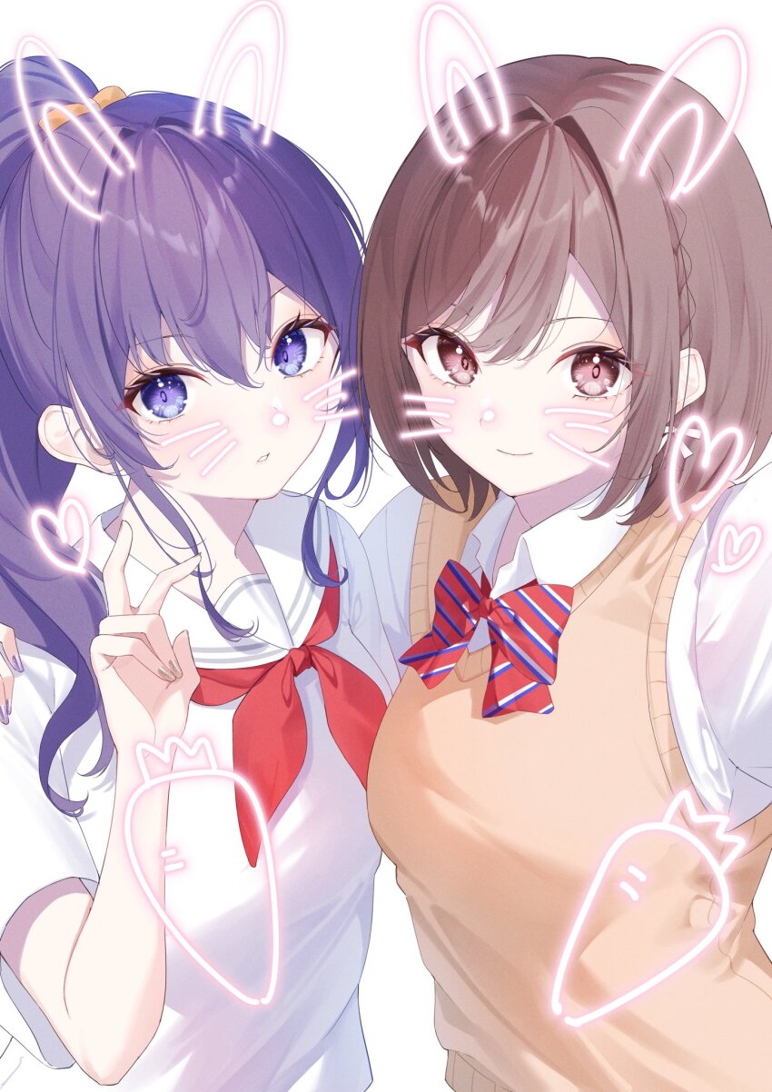 2girls, animal_ears, asahina_mafuyu, bob_cut, braid, breasts, brown_eyes, brown_hair