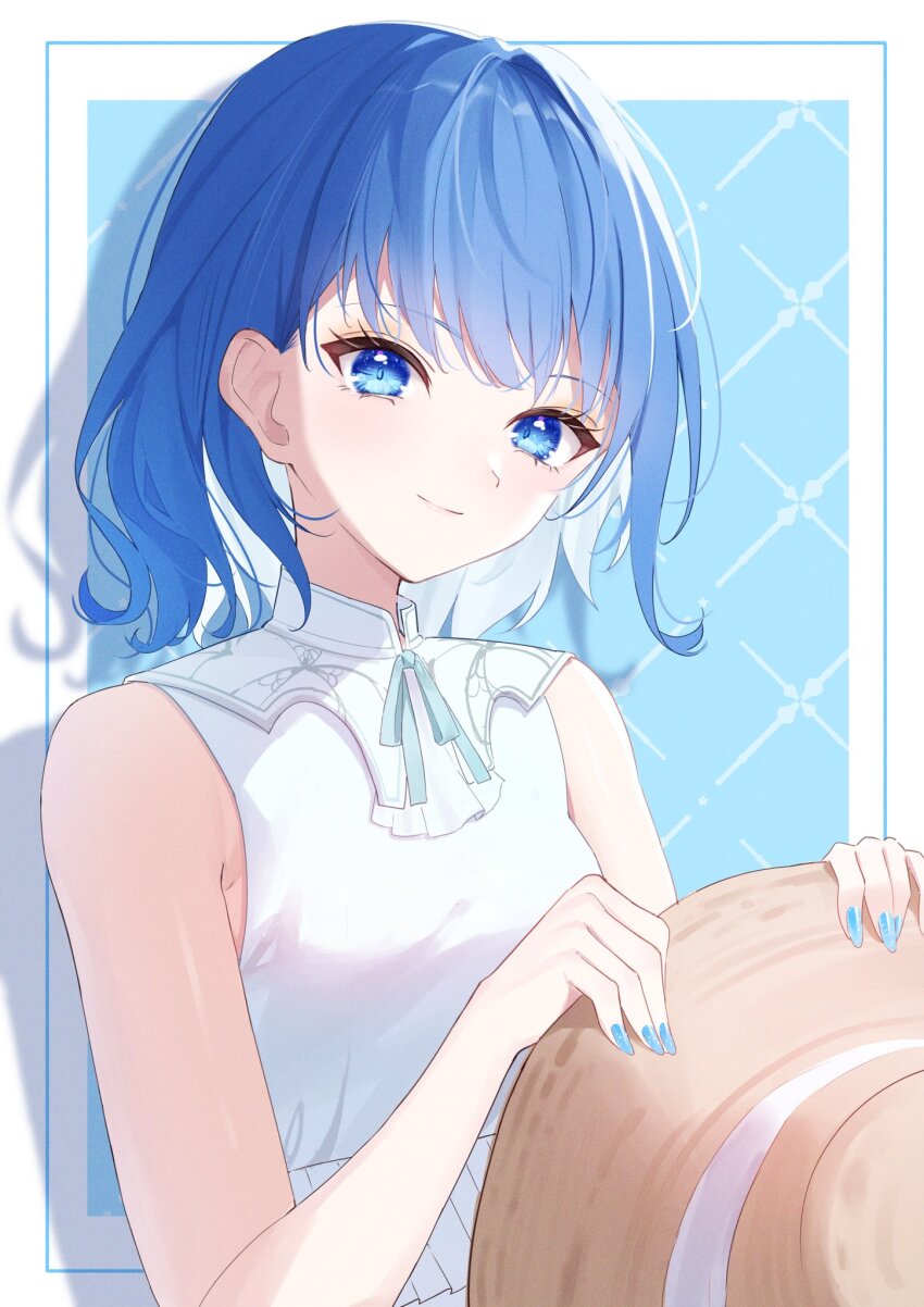 1girl, bare_arms, bare_shoulders, blue_eyes, blue_hair, blue_nails, breasts, closed_mouth