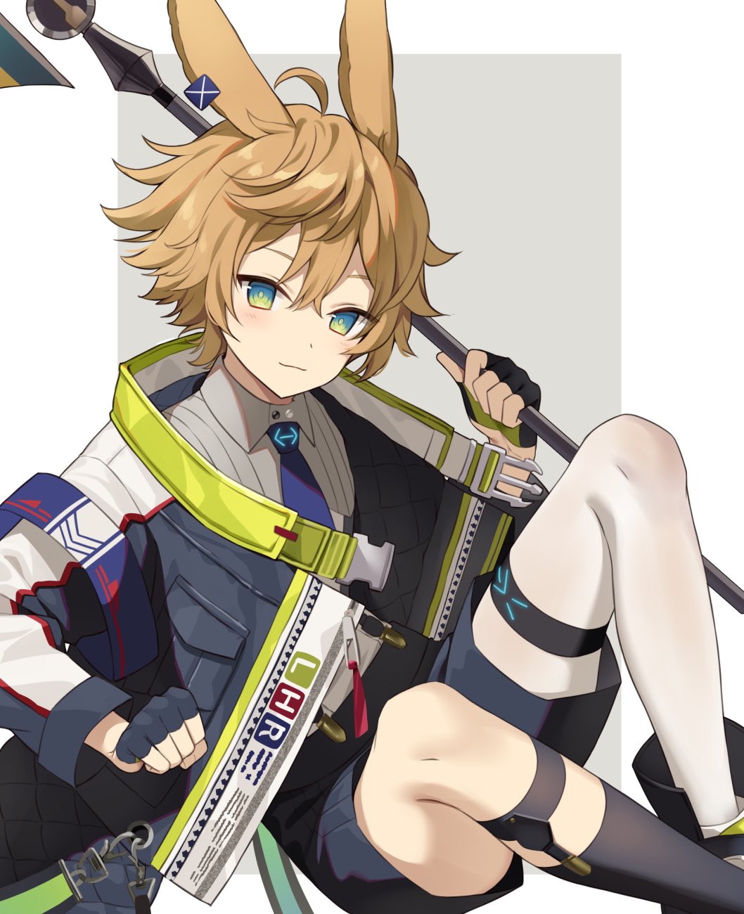 1boy, animal_ears, arknights, black_gloves, black_shorts, blonde_hair, blue_necktie, border