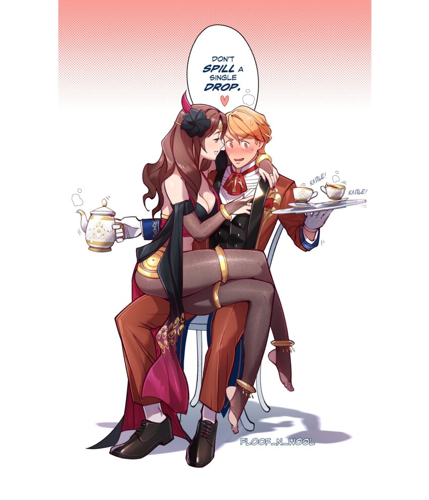 1boy, 1girl, artist_name, black_footwear, breasts, bridal_gauntlets, bridal_legwear, brown_hair, chair, cleavage, cup, dorothea_arnault, dorothea_arnault_(plegian), ferdinand_von_aegir, ferdinand_von_aegir_(tea_party), fire_emblem, fire_emblem:_three_houses, fire_emblem_heroes, floof_n_wool, flower, flustered, gloves, hair_flower, hair_ornament, hetero, highres, holding, holding_tray, large_breasts, looking_at_another, midriff, nintendo, official_alternate_costume, orange_hair, pantyhose, rattle, sitting, sitting_on_person, speech_bubble, teacup, teapot, tray, white_gloves