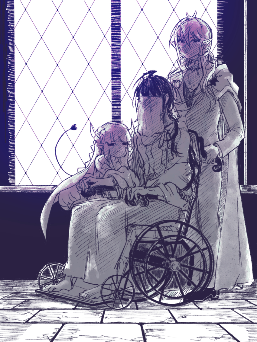 1girl, 2boys, aged_up, ahoge, antenna_hair, ascot, asmodeus_alice, backlighting