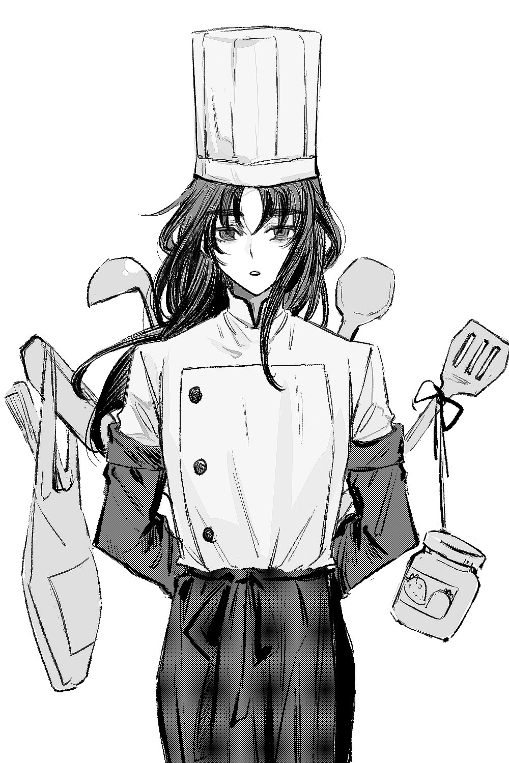 1boy, :o, apron, arm_warmers, arms_behind_back, bag, buttons, chainsaw_man, chef, chef_hat, cosplay, cowboy_shot, double-breasted, falling_devil_(chainsaw_man), falling_devil_(chainsaw_man)_(cosplay), flat_top_chef_hat, frying_pan, greyscale, hanging, hat, highres, jacket, jam, jar, kimi_ga_shine, ladle, long_hair, long_sleeves, looking_at_viewer, male_focus, monochrome, pants, parted_bangs, pipoabubu, plastic_bag, satou_kai, shopping_bag, simple_background, solo, spatula, spring_onion, standing, straight-on, waist_apron, white_background