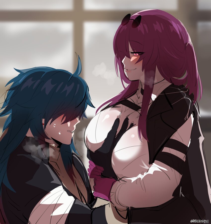 1boy, 1girl, absurdres, black_gloves, blade_(honkai:_star_rail), blue_hair, blush, chainsaw_man