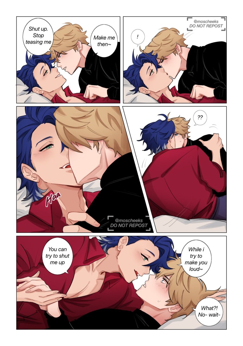 !, 2boys, ?, ??, alternate_costume, antithetical_couplet, black_shirt, blonde_hair, blue_eyes, blue_hair, blush, boy_on_top, english_text, gepard_landau, green_eyes, hand_on_another's_shoulder, highres, holding_hands, honkai:_star_rail, honkai_(series), kiss, looking_at_another, lying, male_focus, moscheeks, multiple_boys, on_back, on_bed, open_mouth, pectoral_cleavage, pectorals, red_shirt, sampo_koski, shirt, short_hair, smile, speech_bubble, teasing, teeth, twitter_username, upper_body, upper_teeth_only, yaoi