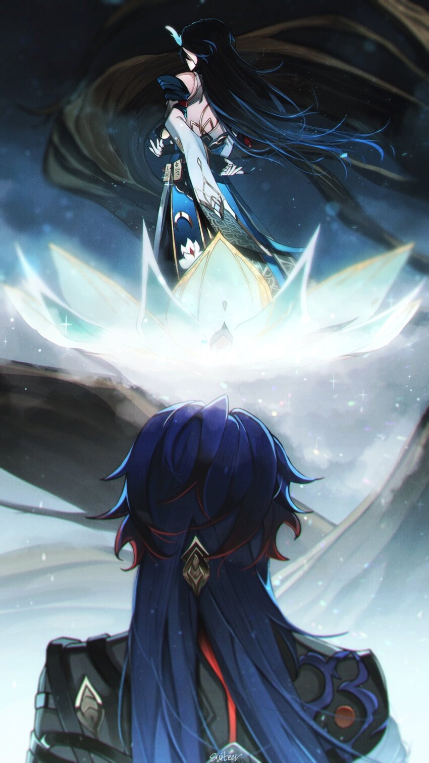 2boys, black_gloves, black_hair, blade_(honkai:_star_rail), blue_hair, chinese_clothes, dan_heng_(honkai:_star_rail), dan_heng_(imbibitor_lunae)_(honkai:_star_rail)