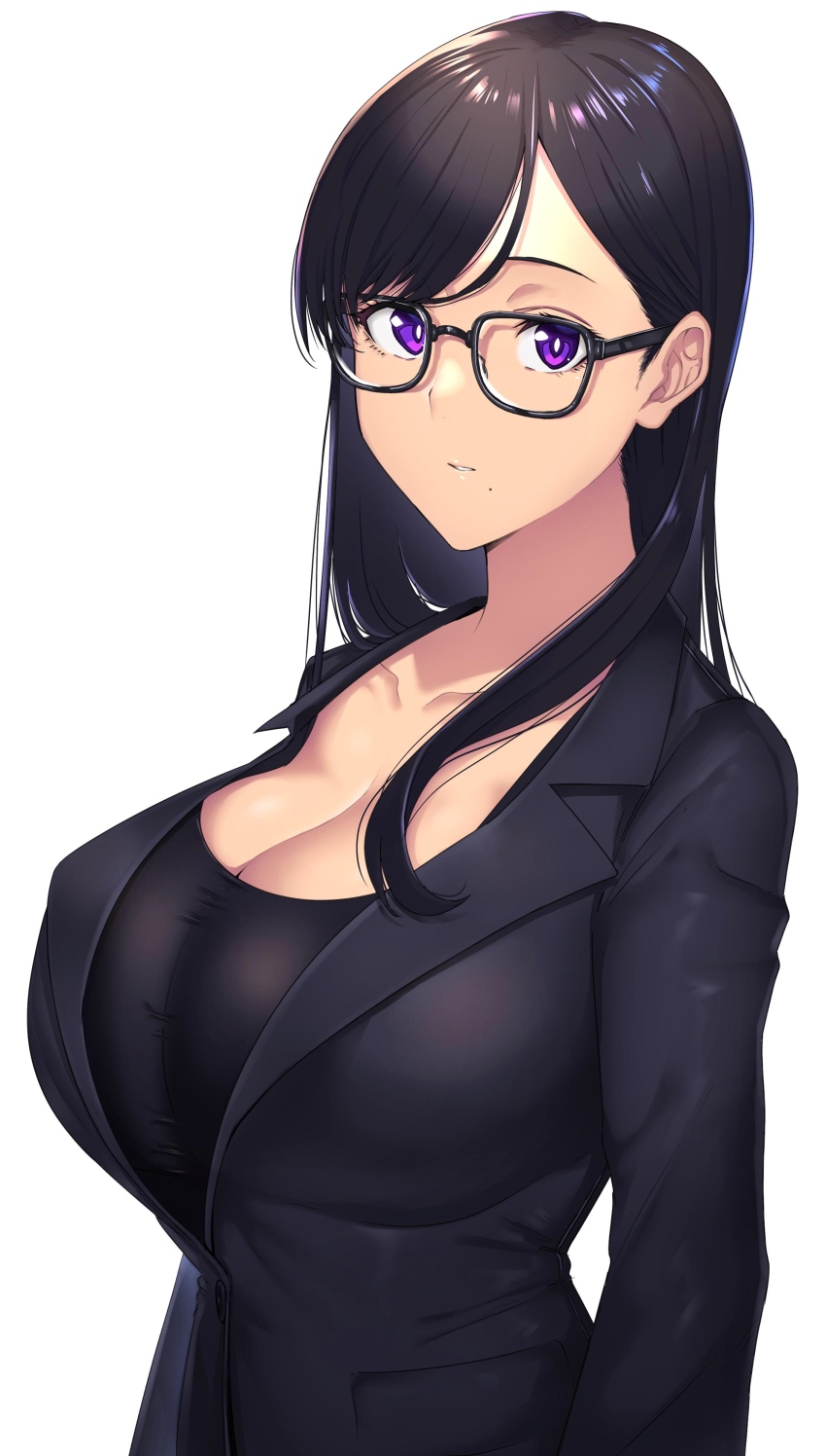 1girl, absurdres, black-framed_eyewear, black_hair, black_jacket, black_tank_top, bouhatei_(t-back), breasts