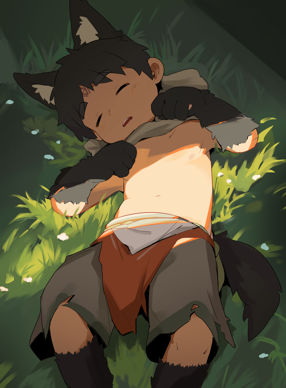 1boy, acnhiti, animal_ears, animal_hands, black_hair, closed_eyes, feet_out_of_frame, forehead_tattoo