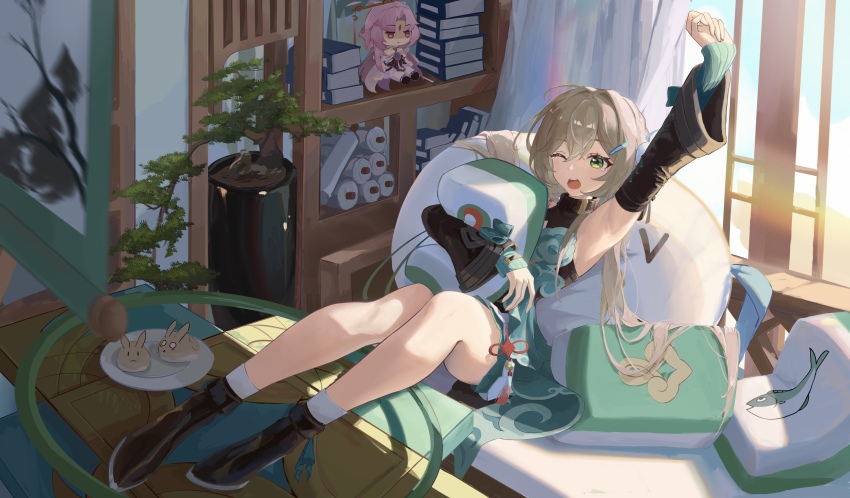 1girl, absurdres, armpits, book, bookshelf, character_doll, detached_sleeves, doll