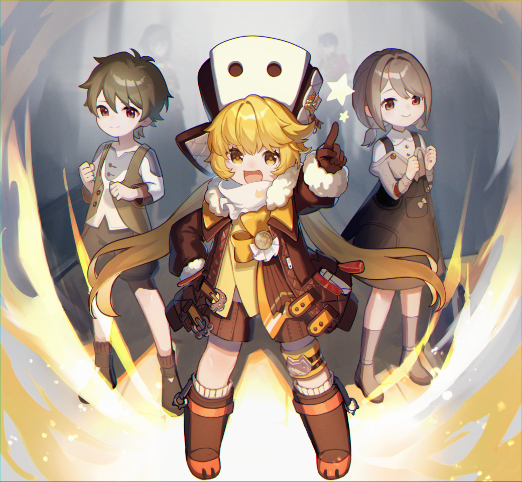 2boys, 3girls, alina_(honkai:_star_rail), arm_up, blonde_hair, boots, bow, brown_hair, coat, d:, full_body, fur-trimmed_coat, fur-trimmed_sleeves, fur_trim, gloves, hand_on_own_hip, honkai:_star_rail, honkai_(series), hook_(honkai:_star_rail), julian_(honkai:_star_rail), kino_(m6t2a), knee_pads, long_sleeves, looking_at_viewer, multicolored_clothes, multiple_boys, multiple_girls, natasha_(honkai:_star_rail), open_clothes, open_coat, open_mouth, orange_bow, pointing, pointing_up, sampo_koski, shorts, sideways_hat, smile, star_(symbol), twintails, yellow_eyes