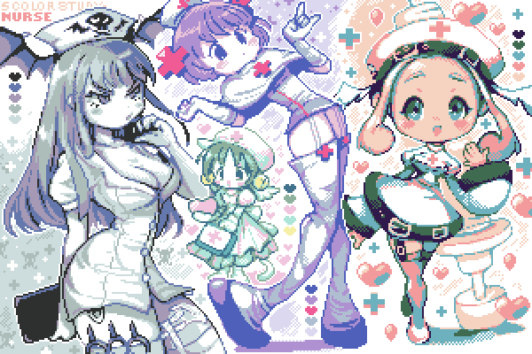 4girls, \n/, angel_wings, animal_ears, apron, art_study, bell, belt_buckle