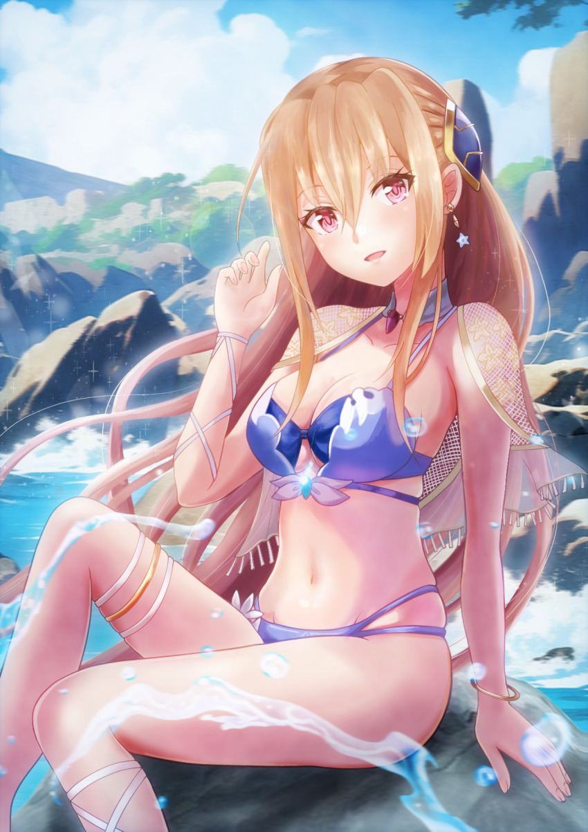 1girl, asukamama89, bikini, blonde_hair, blue_bikini, blue_sky, breasts, cloud