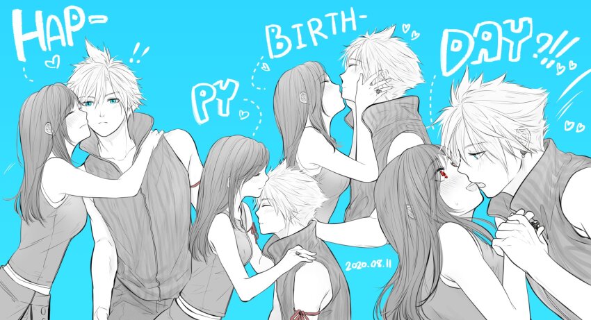 !, !!, !?, 1boy, 1girl, apron, arm_ribbon, bare_shoulders