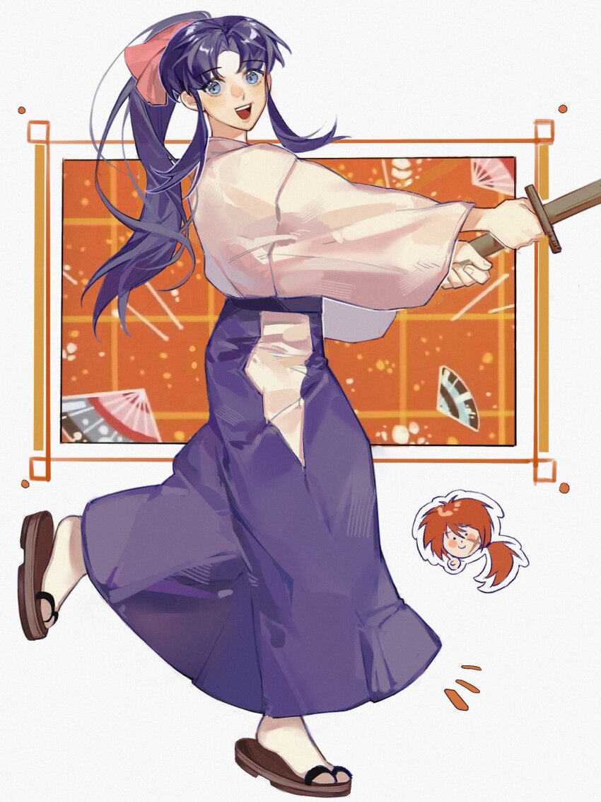 1boy, 1girl, blue_eyes, blue_hair, blue_hakama, blush_stickers, commentary, cropped_head, cross_scar, facial_scar, from_side, full_body, geta, hair_ribbon, hakama, hakama_pants, high_ponytail, highres, himura_kenshin, holding, holding_sword, holding_weapon, japanese_clothes, kamiya_kaoru, light_blush, long_sleeves, looking_at_viewer, looking_to_the_side, low_ponytail, open_mouth, outstretched_arms, pants, pink_ribbon, ponytail, ribbon, rurouni_kenshin, sandals, scar, scar_on_cheek, scar_on_face, shinai, sidelocks, simple_background, smile, socks, sparklu, standing, standing_on_one_leg, sword, tabi, teeth, upper_teeth_only, weapon, white_socks, wide_sleeves, wooden_sword