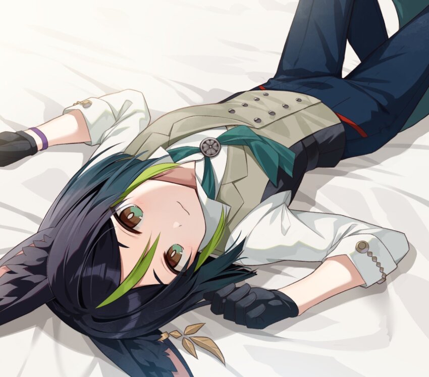 1boy, alternate_costume, animal_ear_fluff, animal_ears, bed_sheet, black_gloves, black_hair, black_pants, bracelet, brown_eyes, brown_vest, collared_shirt, commentary, fox_boy, fox_ears, genshin_impact, gloves, gradient_hair, green_eyes, green_hair, green_necktie, iroiro_0w0, jewelry, long_sleeves, looking_at_viewer, lying, male_focus, multicolored_eyes, multicolored_hair, necktie, on_back, on_bed, pants, parted_bangs, shirt, solo, streaked_hair, tighnari_(genshin_impact), tighnari_(m&amp;g)_(genshin_impact), two-tone_eyes, vest, white_shirt