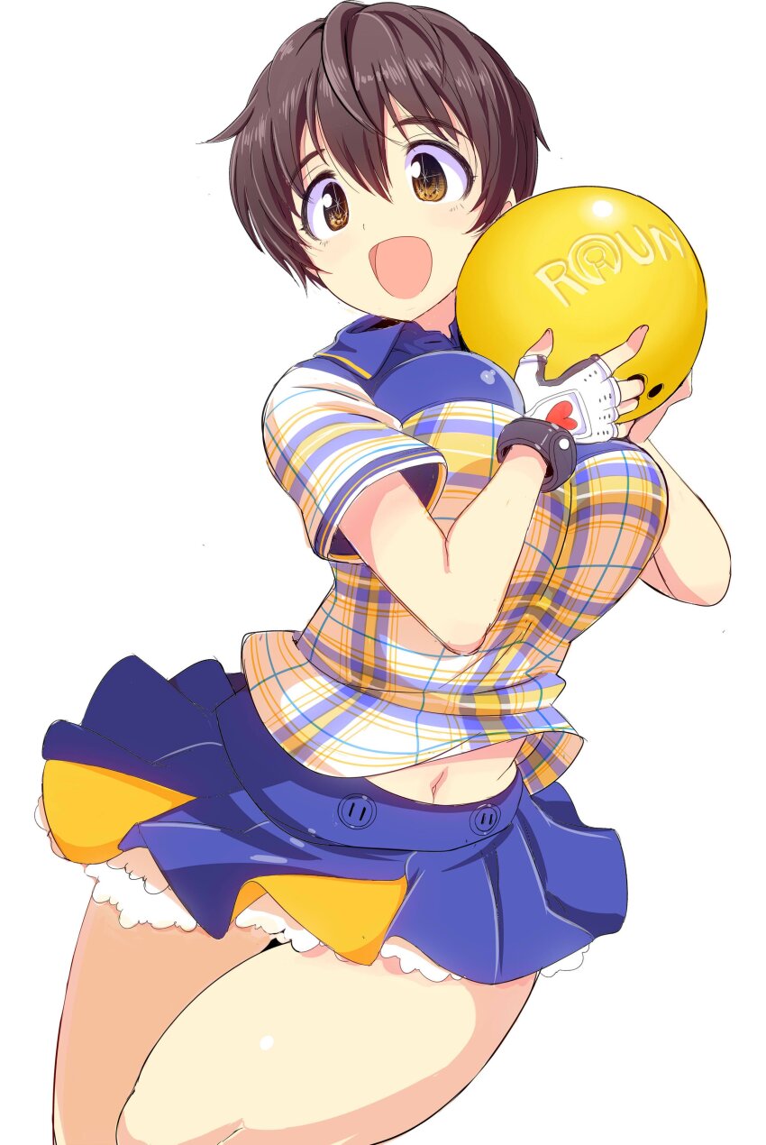 1girl, absurdres, ball, blush, bowling_ball, bowling_glove, breasts, brown_eyes
