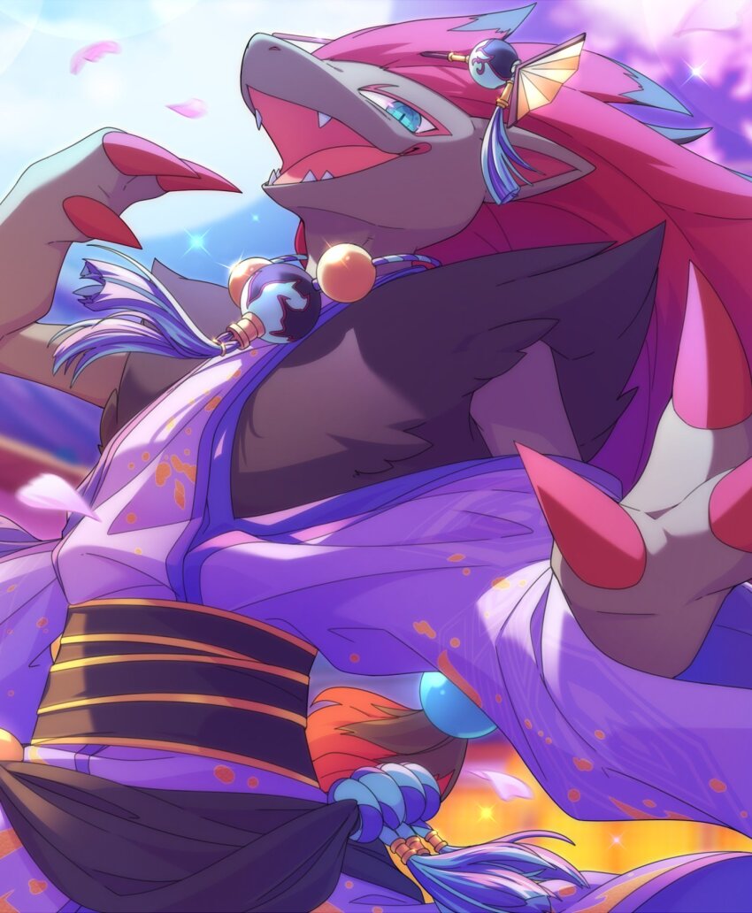 clothed_pokemon, gen_5_pokemon, hair_ornament, highres, illusummer, japanese_clothes, looking_at_viewer, nintendo, no_humans, official_alternate_costume, open_mouth, pokemon, pokemon_unite, purple_robe, robe, solo, sphere_hair_ornament, upper_body, zoroark, zoroark_(ghost)