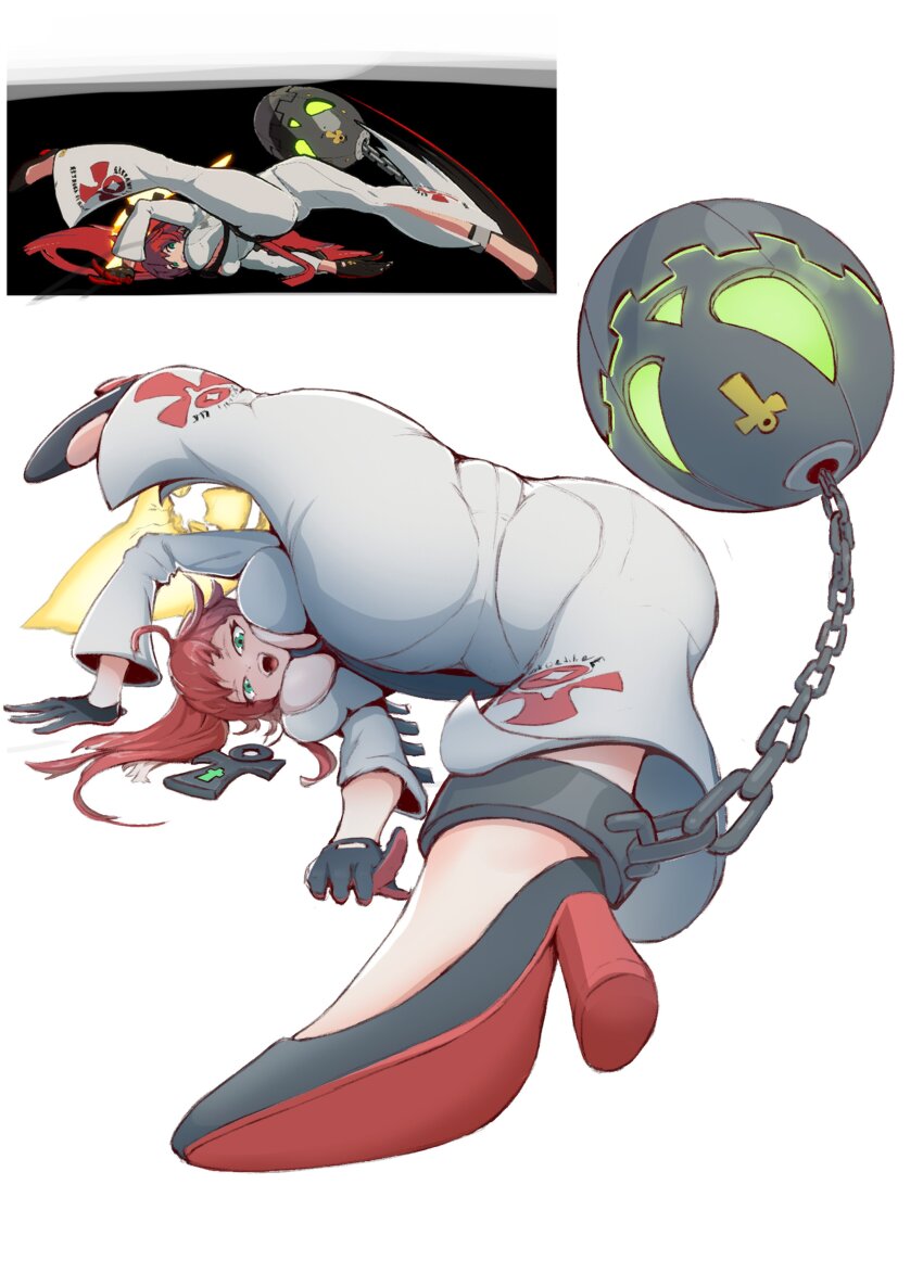1girl, absurdres, ass, ball_and_chain_(weapon), bell-bottoms, breasts, chain, cleavage, gloves, green_eyes, guilty_gear, high_heels, highres, jack-o'_valentine, large_breasts, mature_female, messy_hair, pants, red_hair, simple_background, smile, solo, spread_legs, two-tone_gloves, uncleduk, weapon