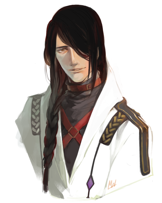 1boy, 7luna, belt, black_hair, black_shirt, braid, coat, crossed_belts