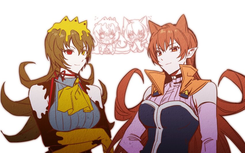 2girls, ascot, azazel_ameri, black_choker, black_shirt, blush, brown_hair, chibi, chibi_inset, choker, collared_shirt, covering_own_mouth, crossed_arms, crossover, crown, curly_hair, detached_sleeves, embarrassed, flying_sweatdrops, gloves, grey_shirt, hair_between_eyes, hair_horns, hand_on_own_hip, heterochromia, high_collar, highres, hoemii, kimi_ga_shine, korean_commentary, long_hair, looking_at_viewer, mairimashita!_iruma-kun, melting, multiple_girls, multiple_views, orange_eyes, orange_gloves, pink_sleeves, pink_sweater, pointy_ears, red_eyes, red_hair, red_ribbon, ribbon, ribbon_choker, saesoon_dobby, shirt, simple_background, sleeveless, sleeveless_shirt, sleeveless_sweater, smile, strapless, strapless_shirt, sweater, upper_body, white_background, yellow_ascot, yellow_eyes